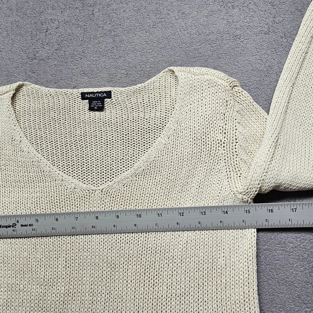 Nautica Chunky Knit Sweater Womens Size Small Cream Long Sleeve V-Neck Pullover